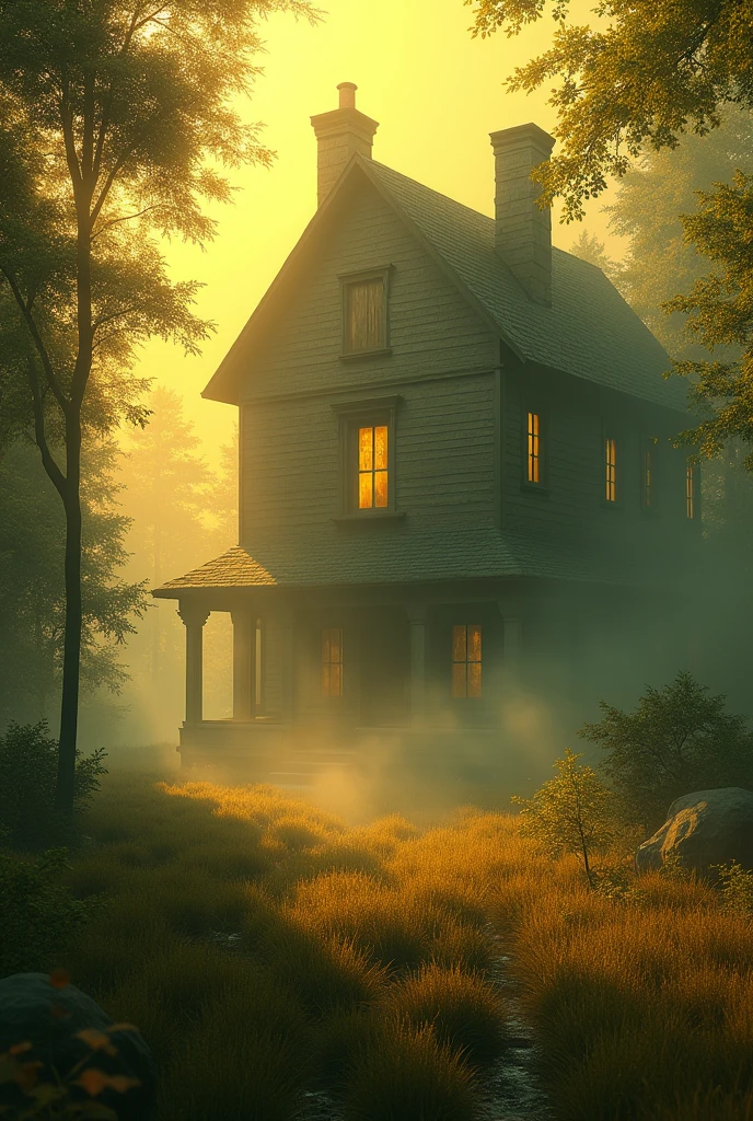 Yellowish tone, in front of a mysteriou house, trees and grasses.