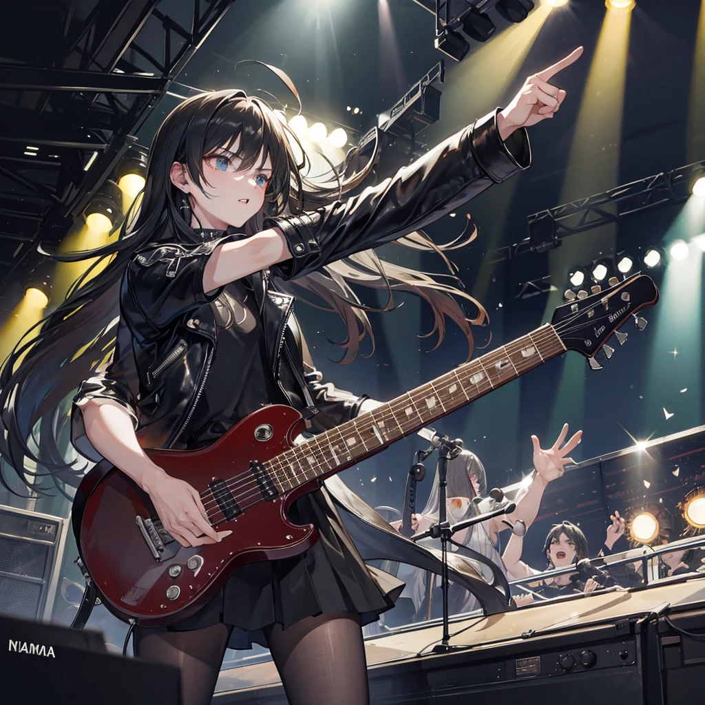 a rock star with long hair, leather jacket, electric guitar, stage, dramatic lighting, fog, concert, crowd cheering, dynamic pose, photorealistic