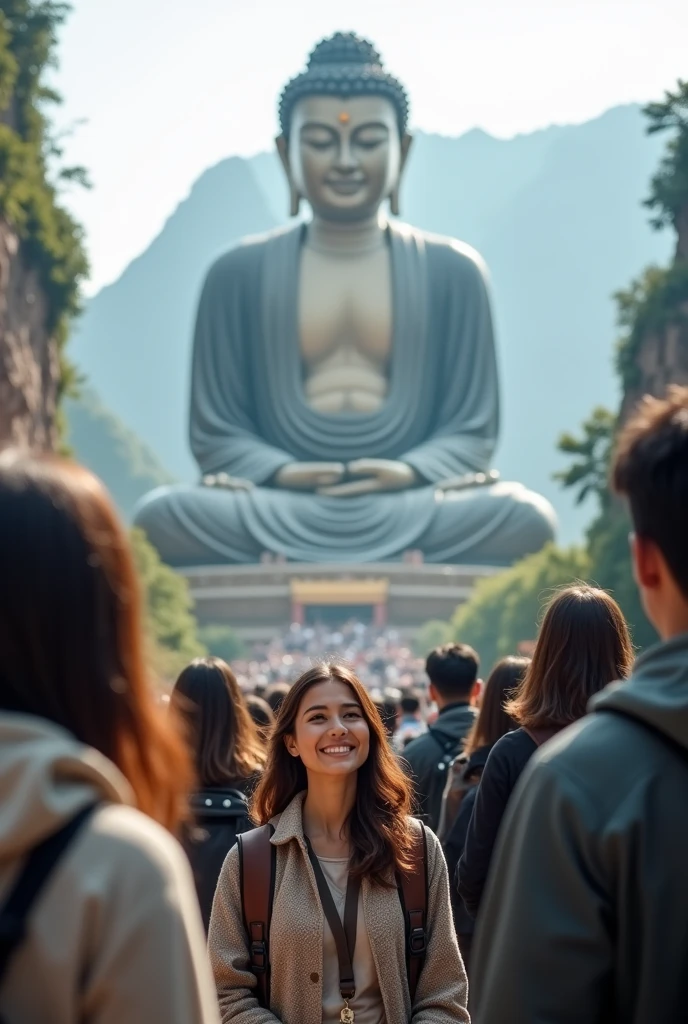 A woman and tourists take a photo at the Leshan Giant Buddha,Realistic style,real picture,Visitors facing the audience,Smile