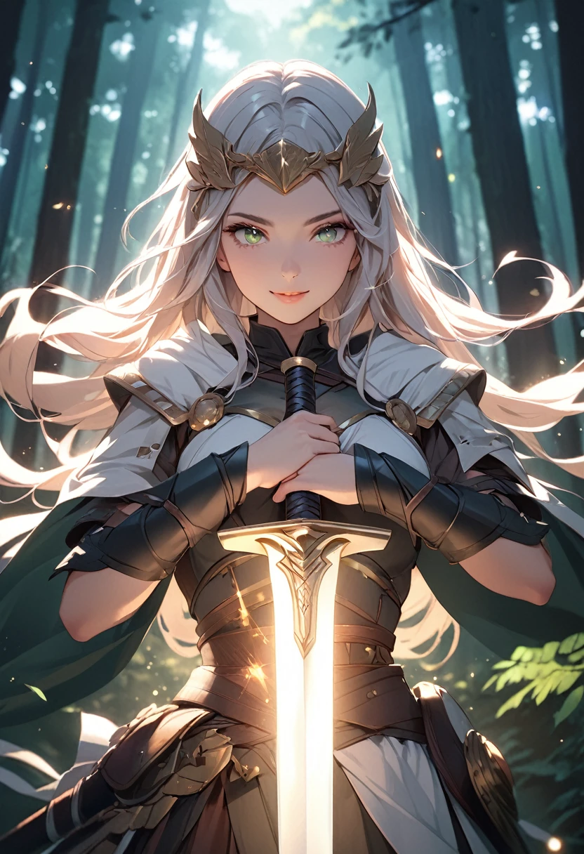 (masterpiece:1.5),(Beat quality),(high res),1girl solo,beautiful face,smile(shining eyes),upper body,light effects,Warrior Woman,Holding a sword in both hands,forest