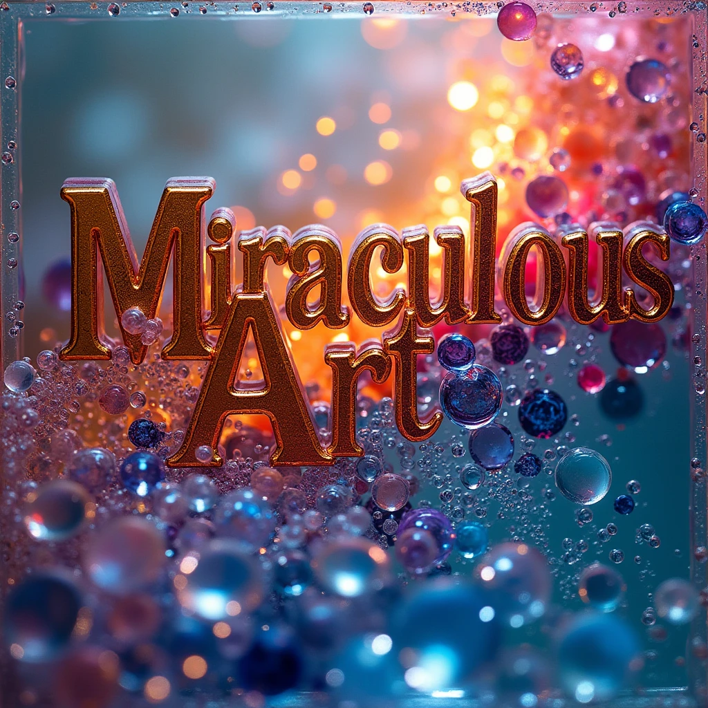 Beautiful resin art logo, miraculous art text on it,1 by 1, vivid , bright colour, beautiful