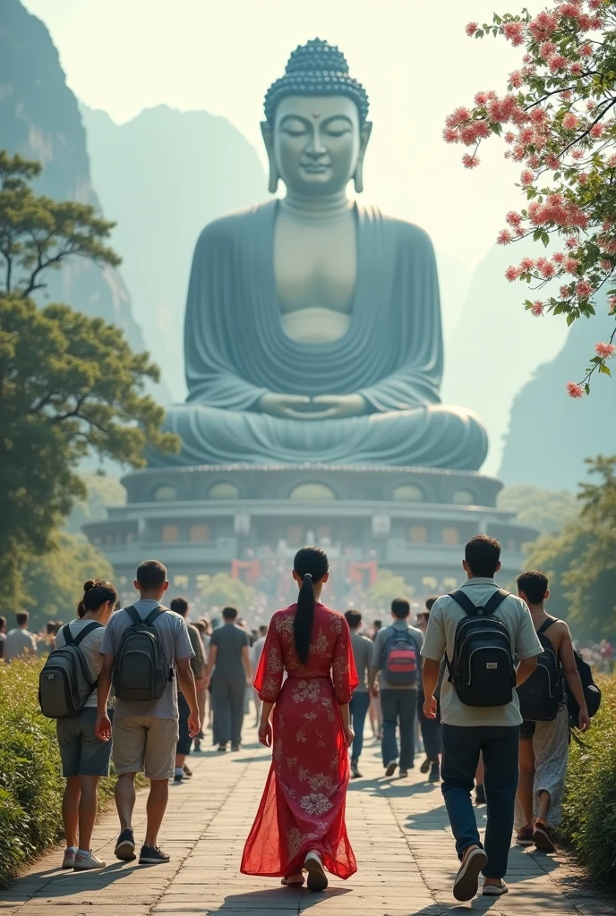A woman and tourists take a photo at the Leshan Giant Buddha,For the audience,Need to highlight tourists,Chinoiserie style