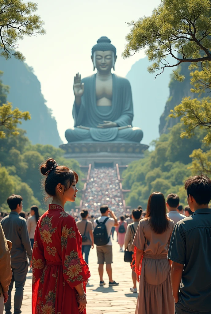 A woman and tourists take a photo at the Leshan Giant Buddha,For the audience,Need to highlight tourists,Chinoiserie style