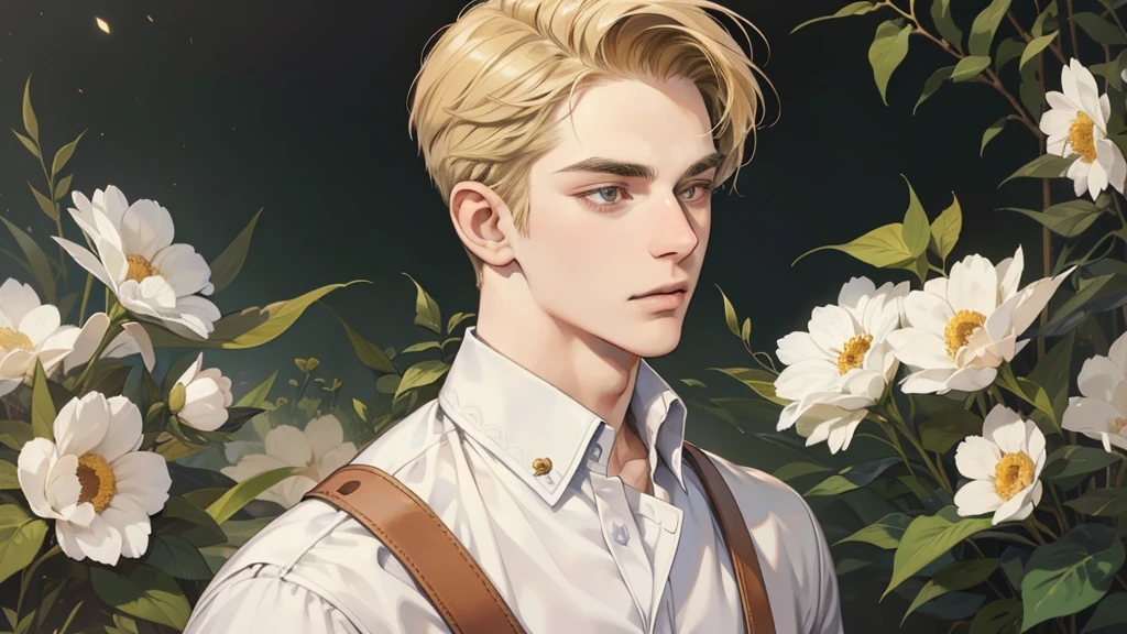 masterpiece, best quality, realistic, 1man, mature male, quiet and charming young man, 25 years old, serious looking, closed mouth, portrait, extremely detailed face, a little distant, brown eyes), ((short-right-swept dandy blonde hair)), [thick eyebrows], modern, detailed clothing, (casual)