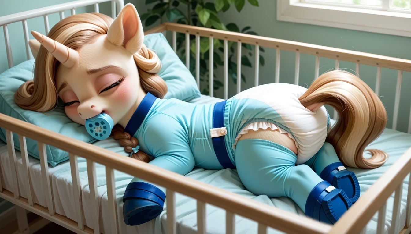 pony, light caramel unicorn, adult filly, plum eyes, lush mane braided, bushy tail, sleeps in a crib, closed eyes, dressed in a blue bodysuit and blue booties, blue pacifier in mouth, solo, thick light blue diaper under clothes.