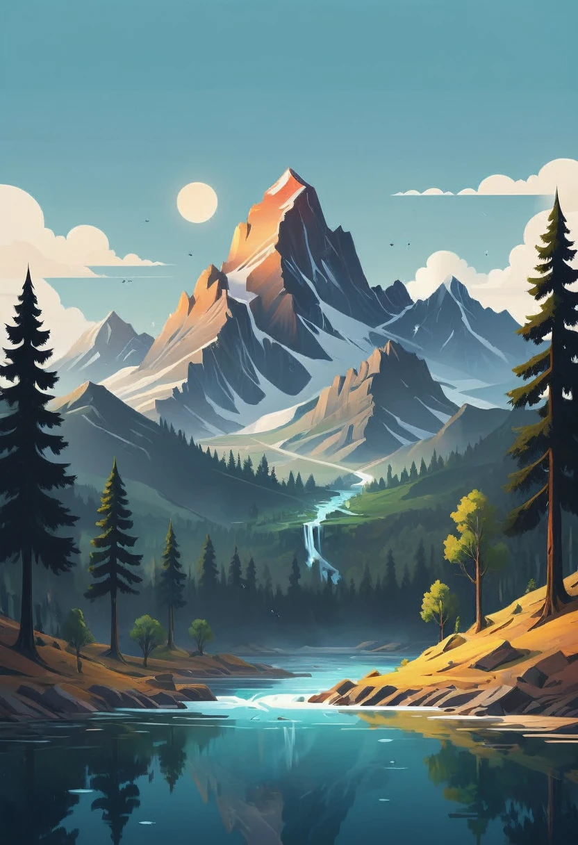 impressive painting of a mountain with trees and water, a detailed painting by Petros Afshar, shutterstock contest winner, environmental art, detailed painting, outlined art, 2d game art, isolated background for logo, strong contours, logo design
