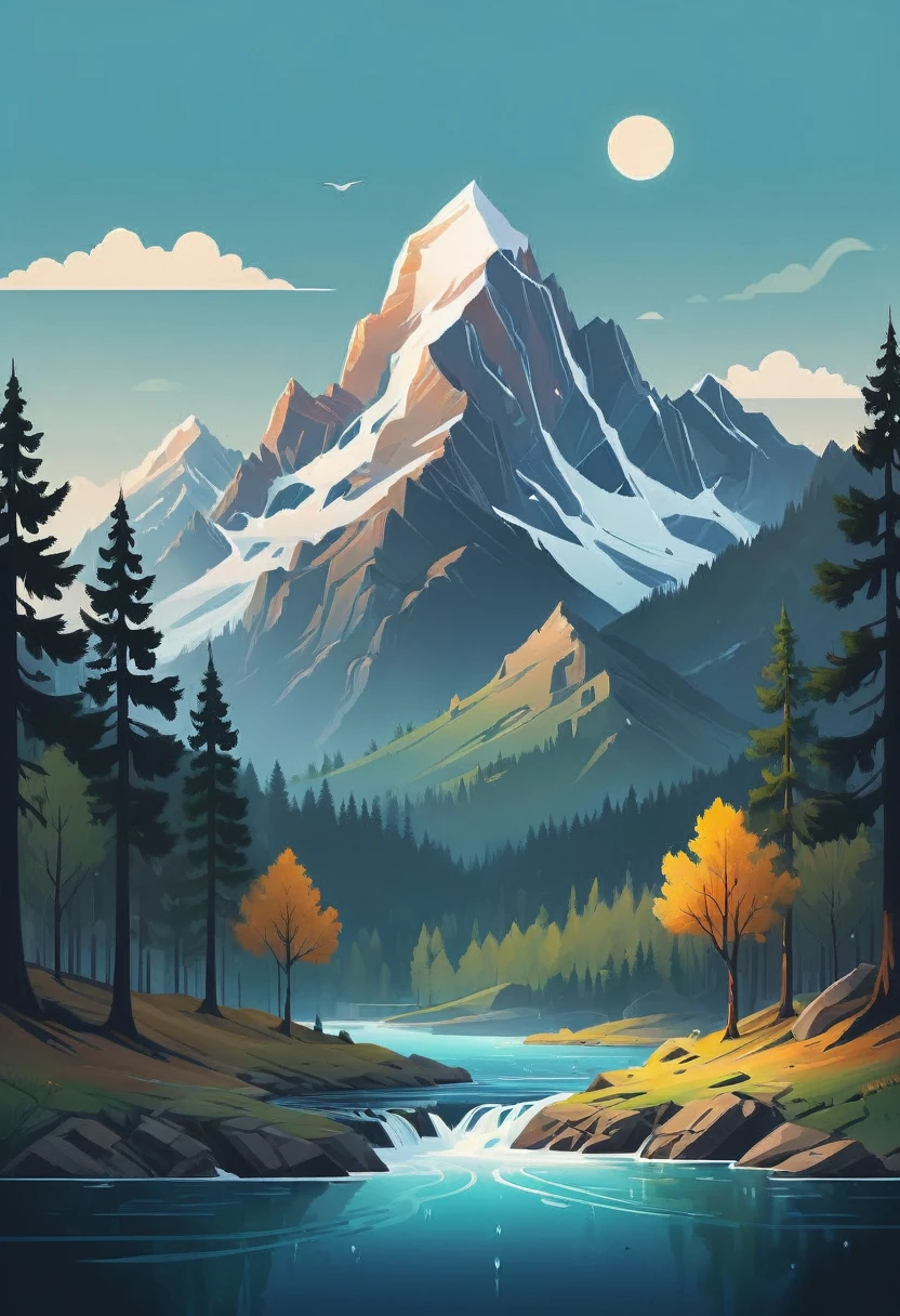 impressive painting of a mountain with trees and water, a detailed painting by Petros Afshar, shutterstock contest winner, environmental art, detailed painting, outlined art, 2d game art, isolated background for logo, strong contours, logo design