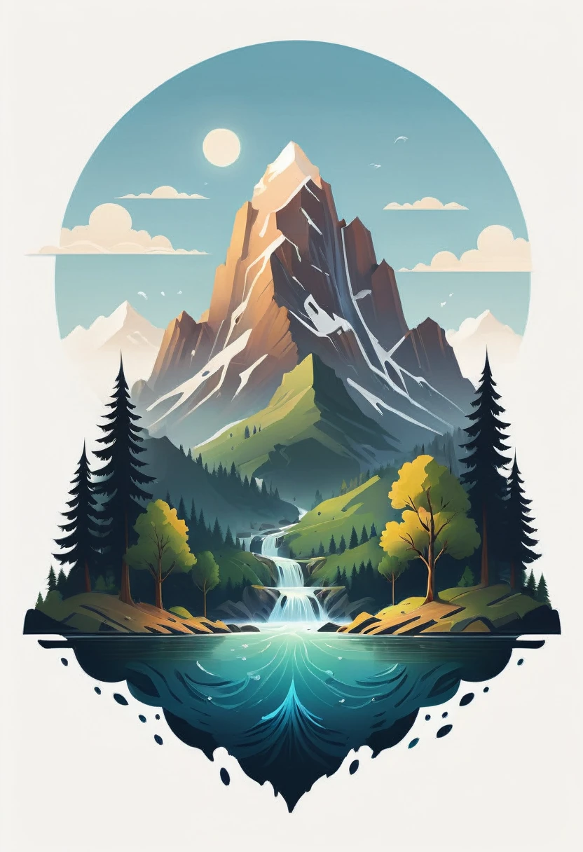 impressive painting of a mountain with trees and water, a detailed painting by Petros Afshar, shutterstock contest winner, environmental art, detailed painting, outlined art, 2d game art, isolated background for logo, strong contours, logo design