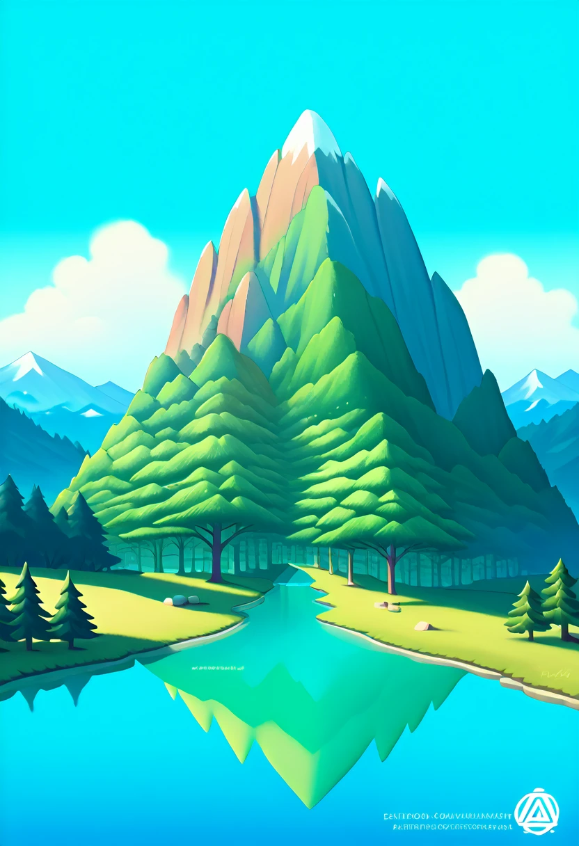 impressive painting of a mountain with trees and water, a detailed painting by Petros Afshar, shutterstock contest winner, environmental art, detailed painting, outlined art, 2d game art, isolated background for logo, strong contours, logo design
