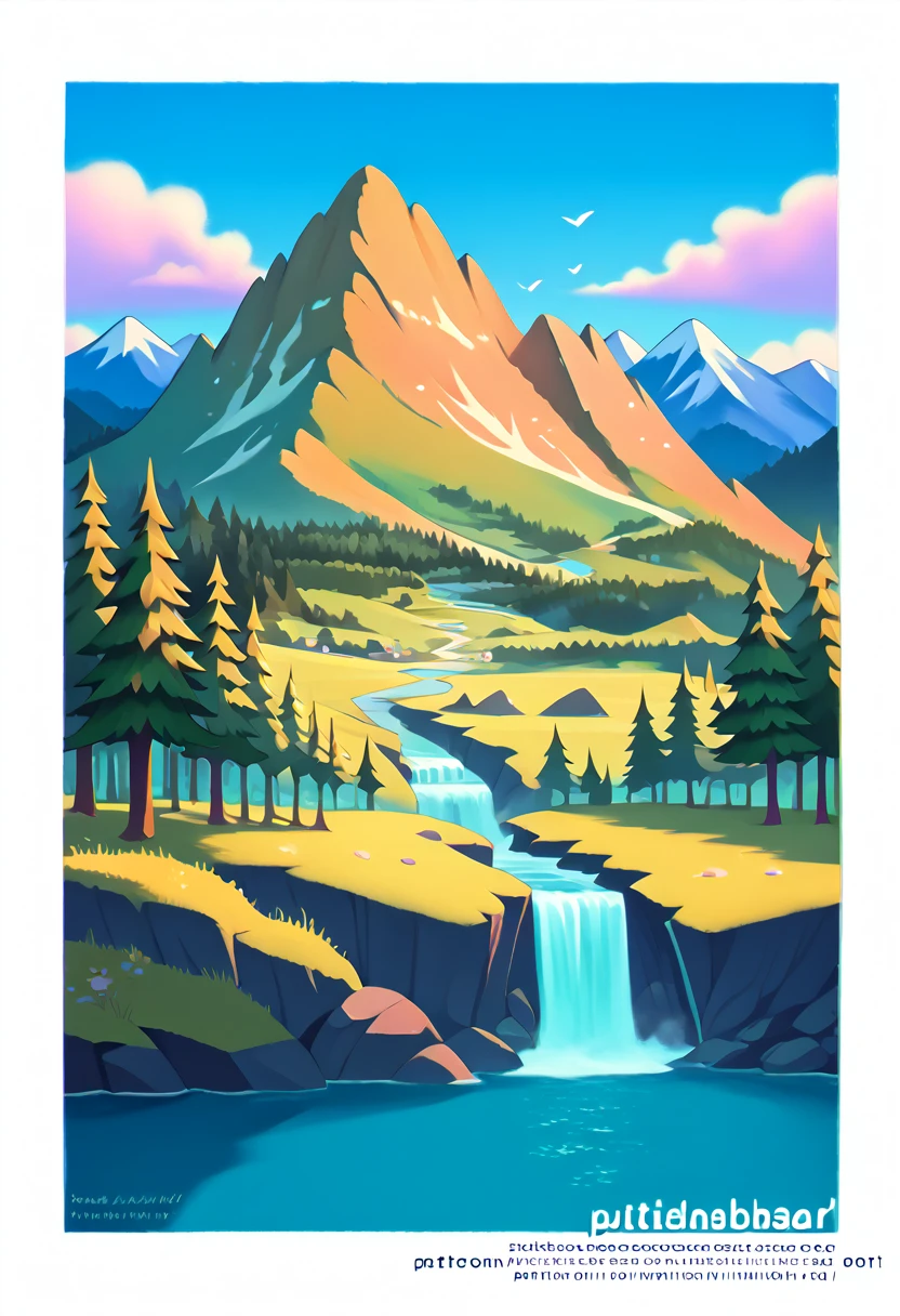 impressive painting of a mountain with trees and water, a detailed painting by Petros Afshar, shutterstock contest winner, environmental art, detailed painting, outlined art, 2d game art, isolated background for logo, strong contours, logo design