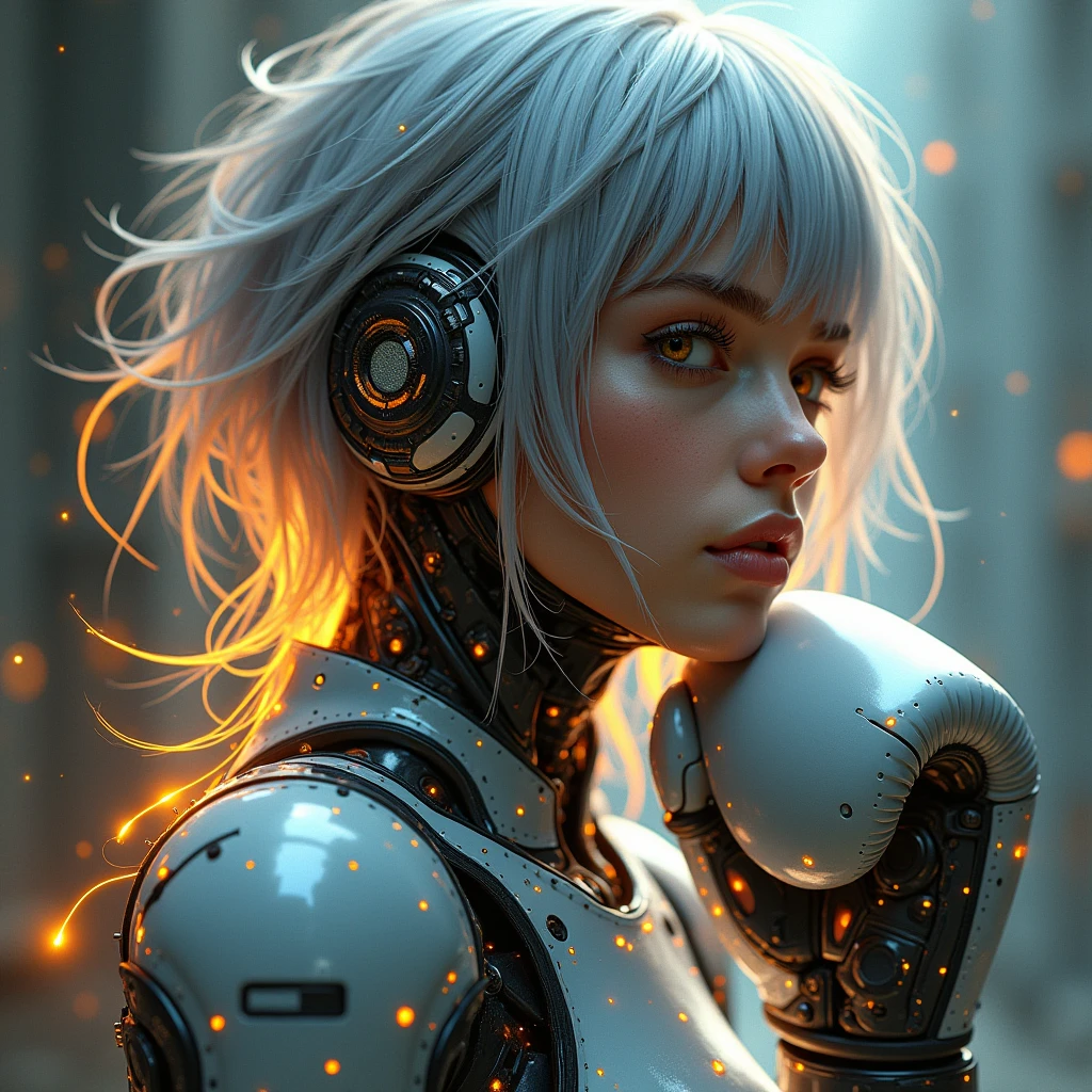 (masterpiece, Highest quality, Highest quality, Official Art, beautifully、aesthetic:1.2), Very detailed,  (Abstract:1.2),   Light trail, Vibrant colors, Visual clutter, Fluid movement, Fascinating patterns,  Most detailed, A female android from the near future、Mechanical Body、Lots of cables、Precise and precise machinery、
1 girl, Full-length portrait of an adult Spanish woman、全身にネオンのLight trailがたくさん走る、,  Amber Eyes, Grey wedge cut hair, Boxing gloves、
Portraiture, Character Focus, look up, alone, Upper Body, Detailed Background, Detailed face, (Circuit board AI, Electronic Themes:1.1), Stoic expression,  Symmetrical Configuration, Side light, Cinematic atmosphere,      Regalia,
Nardac, 