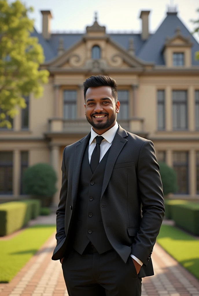 Ajay, standing proudly in front of the now-historic mansion, with a sense of accomplishment and fulfillment in Dall e-3 Style 