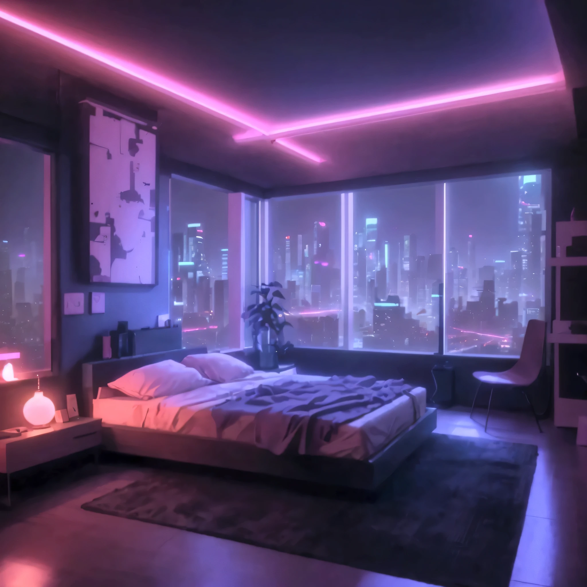 A bedroom scene from a horizontal perspective，Arafed bedroom with bed and nightstands，City view, Cyberpunk bedroom at night, , synthwave aesthetic, Blue-violet light，Large Windows，City night scene，Comic Style，Thick coating style，Comic Style