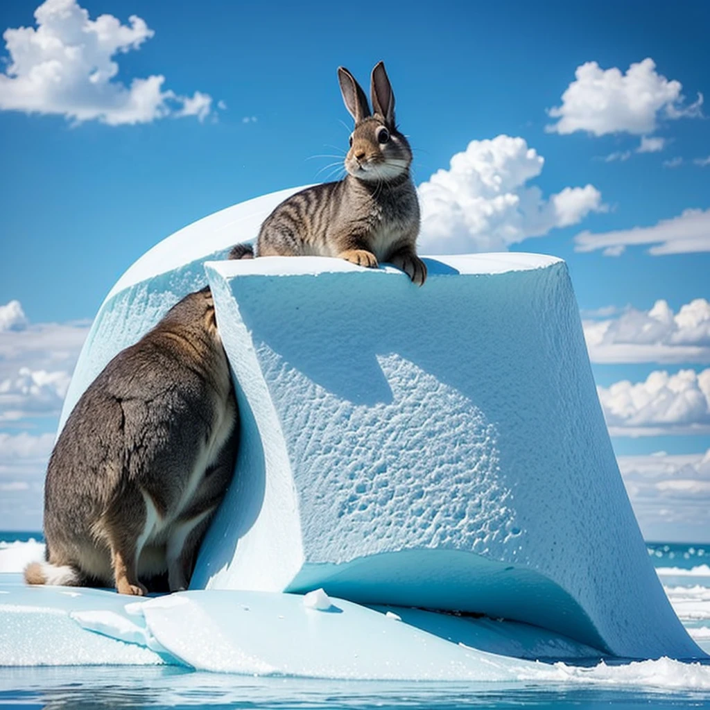 A vast iceberg with a significantly large rabbit gracefully perched on top, providing a sense of warmth in the cold, expansive landscape. The rabbit's fur contrasts against the icy blue surroundings, symbolizing the lone source of warmth and life in the frigid environment in the beautiful sky with a few clouds.