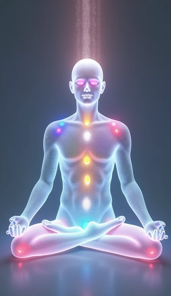 A picture of a man meditating peacefully. His body is transparent like glass and emitting multi-colored diamond light. The intensity of the light on his body is so bright that it makes his body appear bright white. Rainbow lights emanate from various points of his body. Above his head, a bright aura emanates in lines of light, suggesting spiritual awakening and light. The background is soft and calm, with perfect balance, creating a peaceful and harmonious atmosphere. The face is straight forward, not looking up.