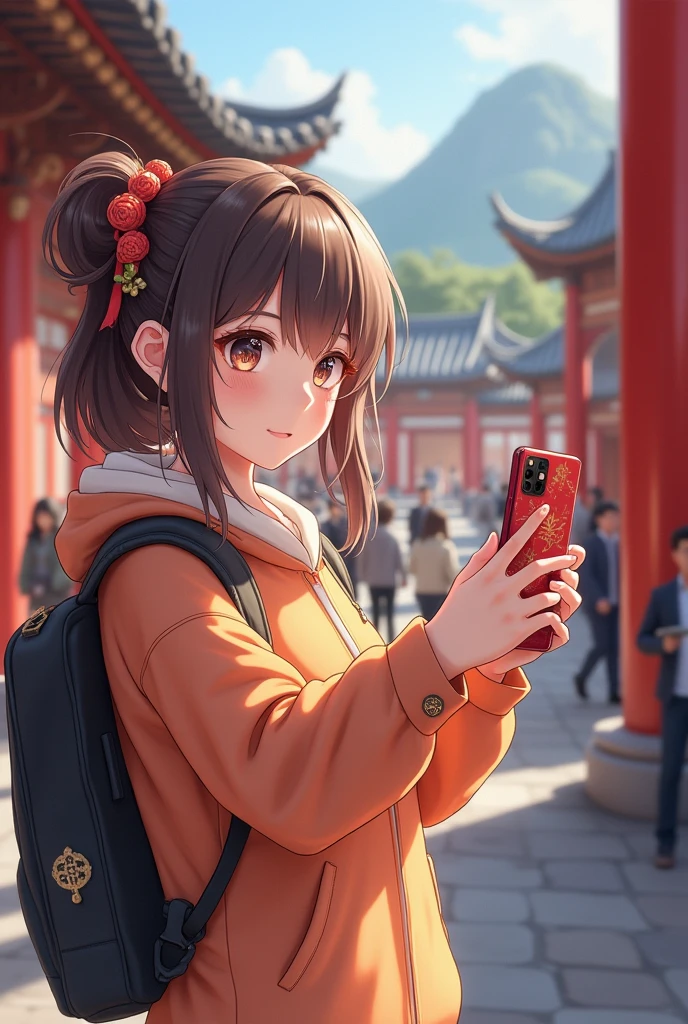 A tourist photo,Taking a photo with Sanxingdui cultural relics,Anime style