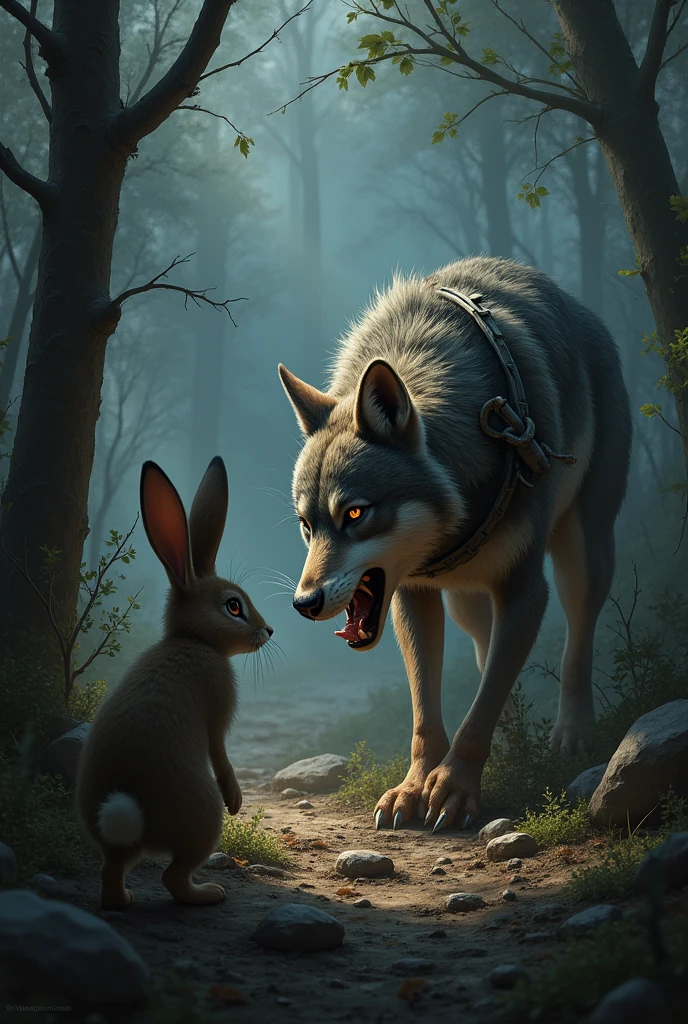 The rabbit returned to see the wolf who had been caught in the hunter's trap.