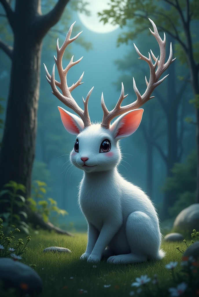 Rabbit with deer antlers in the forest with silver fur under the moonlight