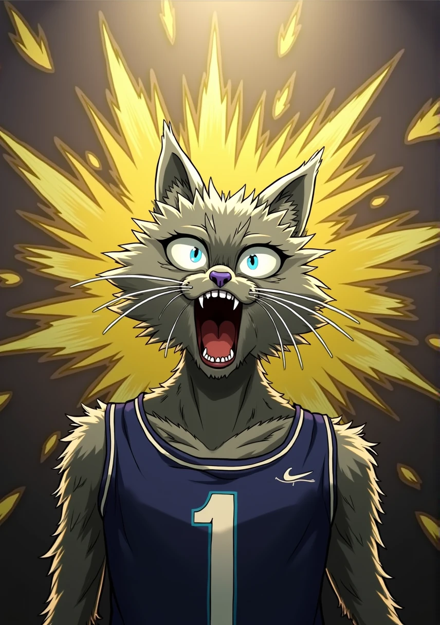 masterpiece, high quality, Absurd answer, number \(artwork\), by Dagasi, Yes,Seizan,(Fluffy fur:1.1),(bright:0.8),Anthropomorphic male cat. (Sky blue eyes,Gray blue fur, Blue hair all over, Cat nose:1.2), bright eyes,panoramic,character focus.Detailed background,(Blue basketball jersey, Sweating,Dribbling, play basketball:1.2),(indoor, Basketball Court:1.2)