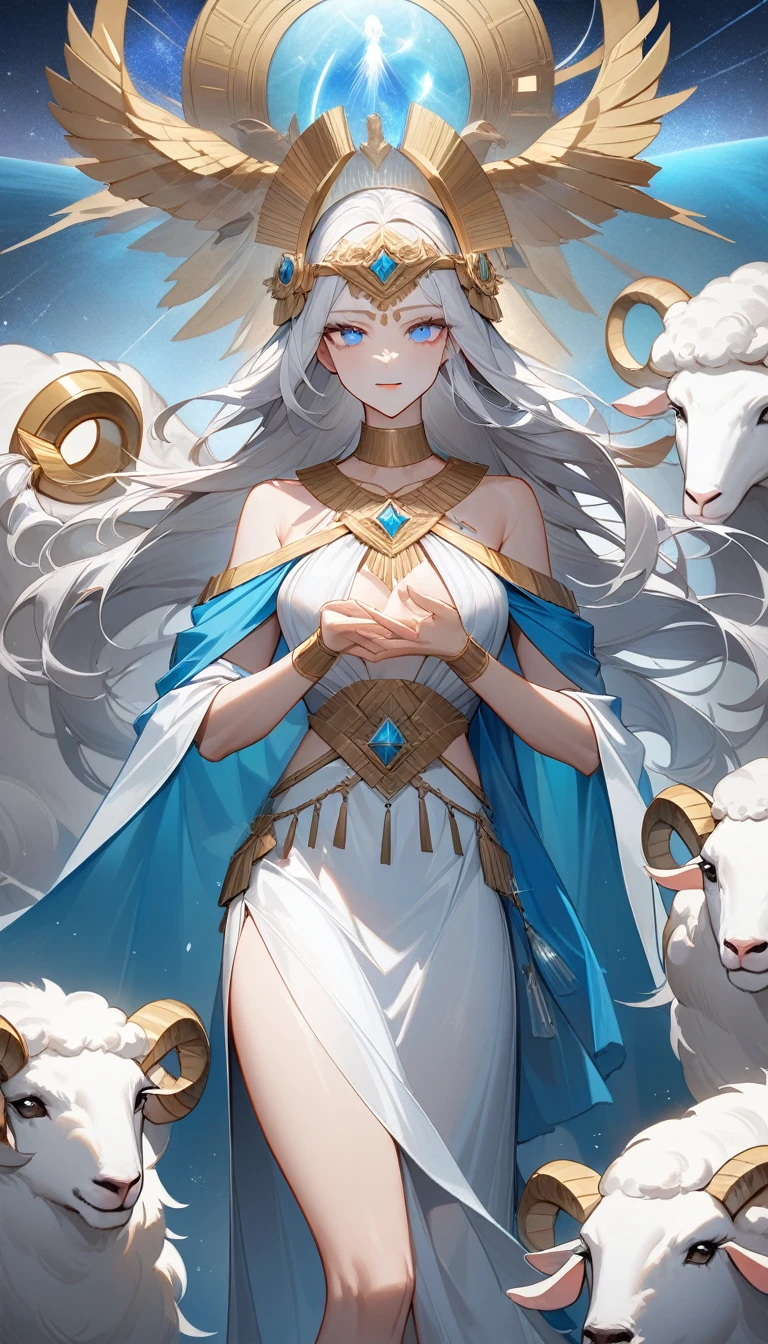 （Huang Li、high quality、Extremely detailed），Zodiac sign- Aries goddess，Giant white sheep，Woman stroking Aries，Similar to Latin goodness，brave，capricious，Productivity，The face of enterprising and humanitarianism，White long hair，Ancient Greek costumes、Wrap Dress，The background is the universe，Crystal blue eyes（Eyes Details），Powerful appearance