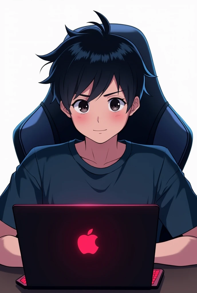A 16 year old boy working in his blackish apple laptop. The keyboard was shining with red color.He weard a dark blue shirt and sat into a black(border blue) stylish chair. His hair is stylish but small. His skin is white. It's showing his right side.The background is white. His pant is black ! It's anime but looks like real ! He is much fat. He is happy but his mouth is close. Don't show his full body and bottom of the chair. Eye color is blackish.
