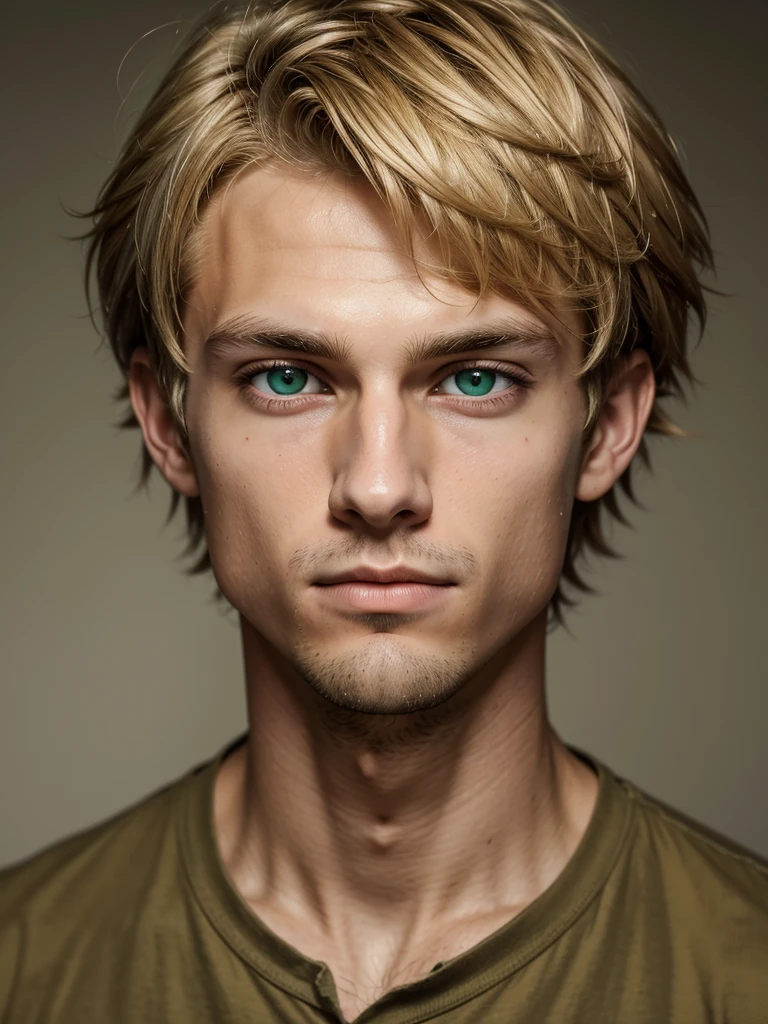 (best quality), 1boy, Male, 27 years old, young man, honey toned skin, short hair, dirty blonde hair, messy hair, messy bangs, green eyes, perfect eyes, loose shirt, clean-shaven, nerd, lanky, tired expression, dark circles under eyes, masterpiece, anatomically correct, highres
