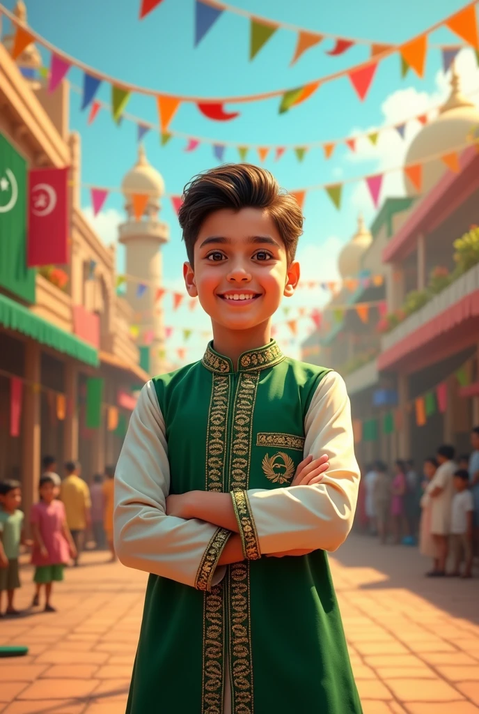 A young Pakistani boy promote to Pakistan wearing a Pakistan Independence day soat