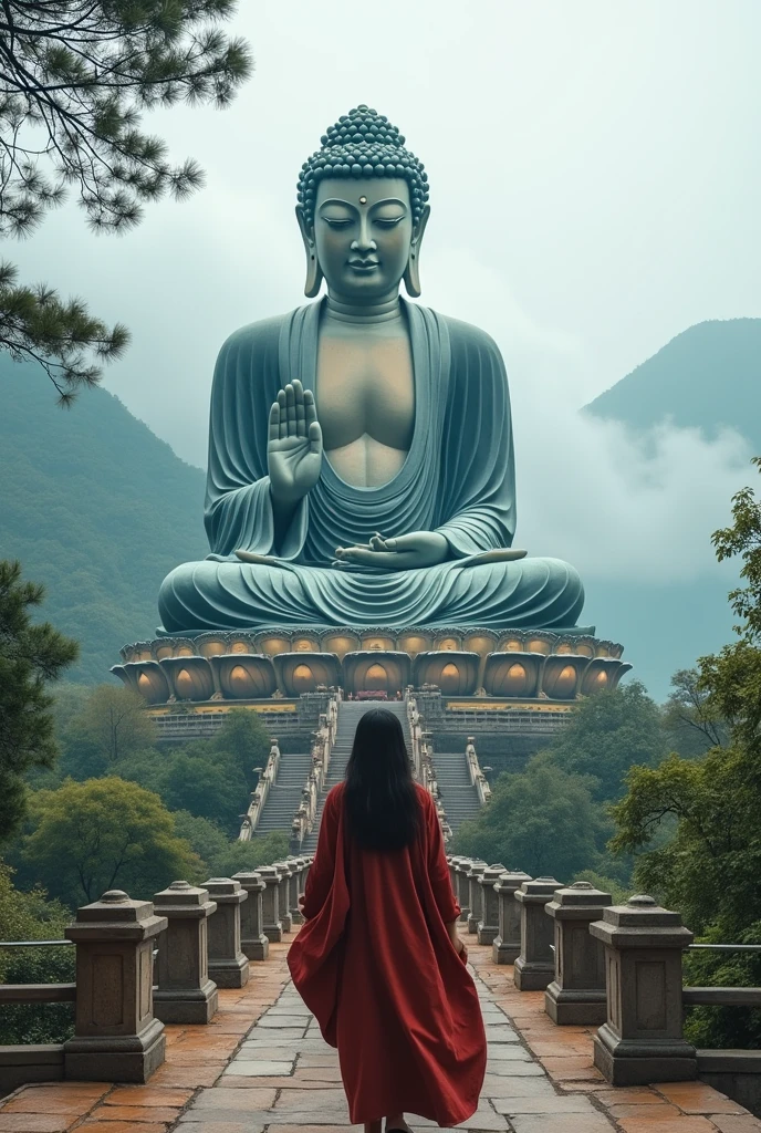 A tourist photo,Photo with Leshan Giant Buddha,Anime style