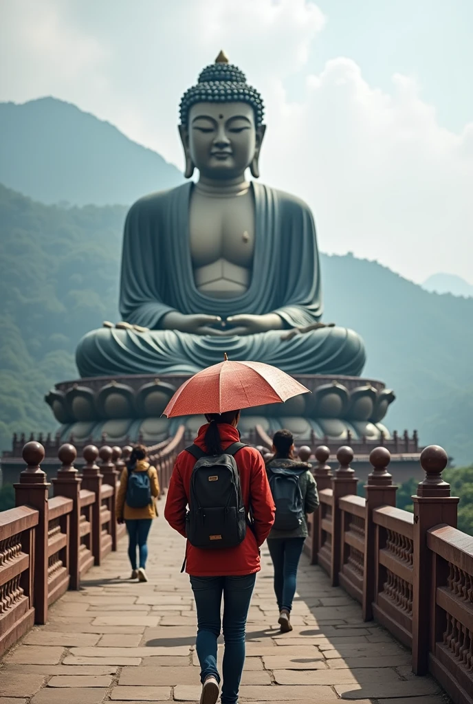 A tourist photo,Photo with Leshan Giant Buddha,Anime style