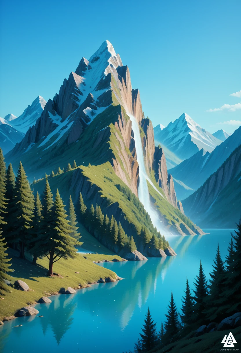 impressive painting of a mountain with trees and water, a detailed painting by Petros Afshar, shutterstock contest winner, environmental art, detailed painting, outlined art, 2d game art, isolated background for logo, strong contours, logo design