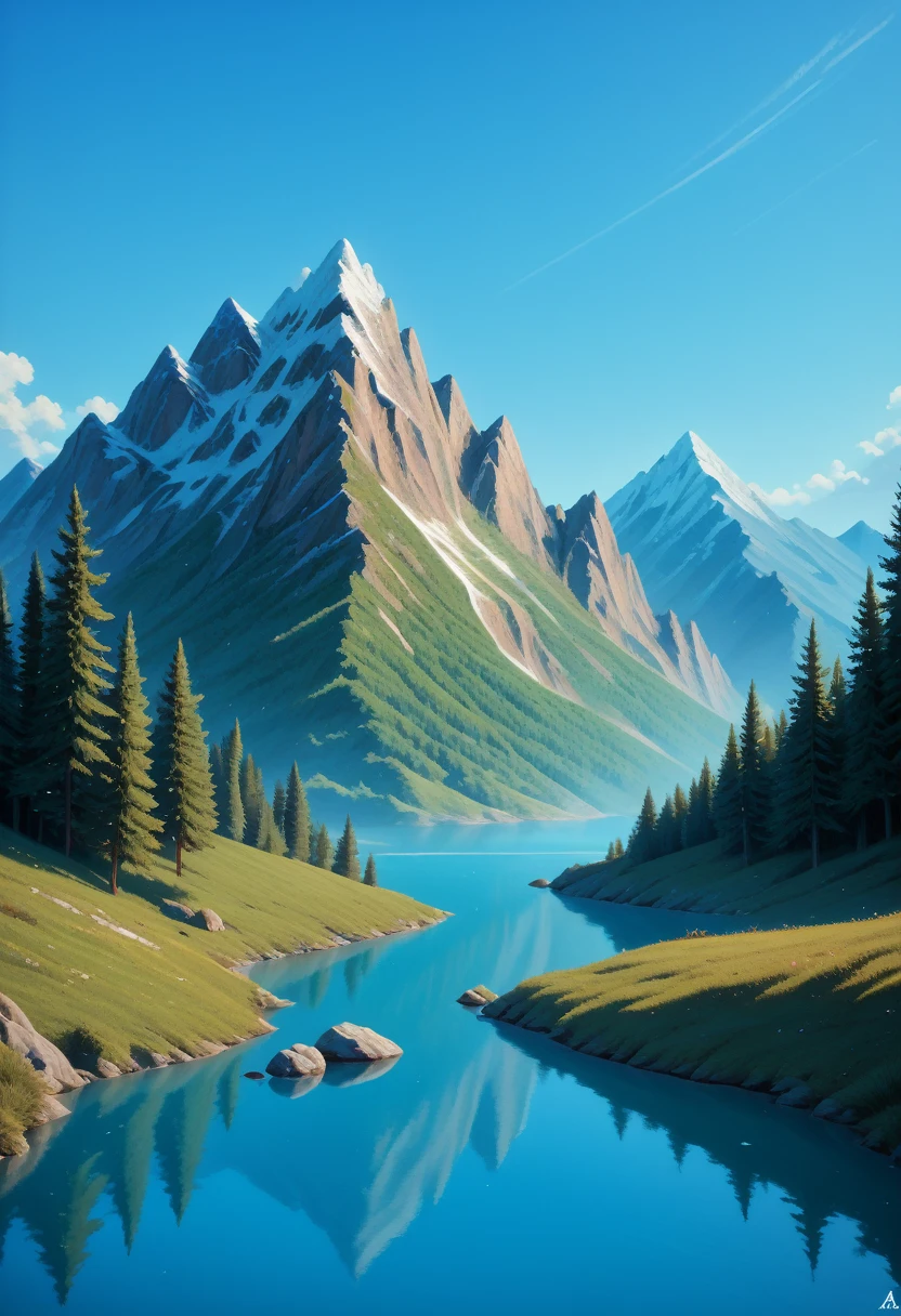 impressive painting of a mountain with trees and water, a detailed painting by Petros Afshar, shutterstock contest winner, environmental art, detailed painting, outlined art, 2d game art, isolated background for logo, strong contours, logo design
