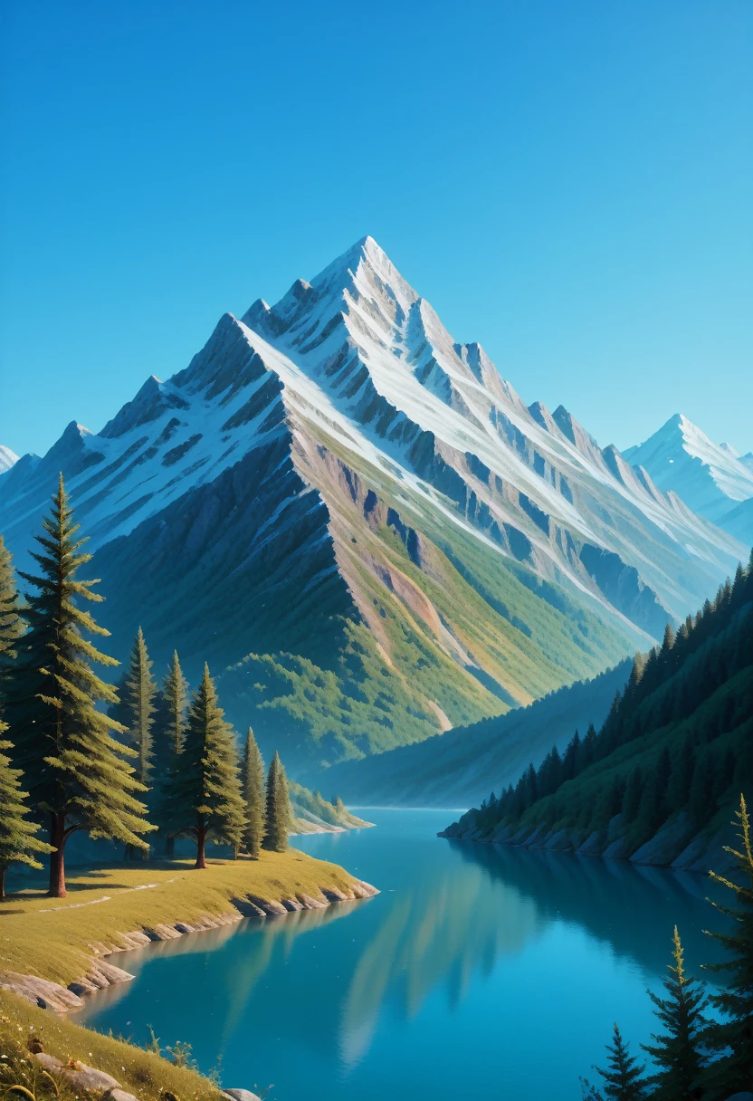 impressive painting of a mountain with trees and water, a detailed painting by Petros Afshar, shutterstock contest winner, environmental art, detailed painting, outlined art, 2d game art, isolated background for logo, strong contours, logo design
