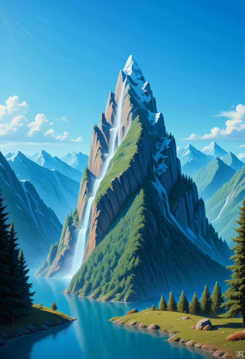 impressive painting of a mountain with trees and water, a detailed painting by Petros Afshar, shutterstock contest winner, environmental art, detailed painting, outlined art, 2d game art, isolated background for logo, strong contours, logo design
