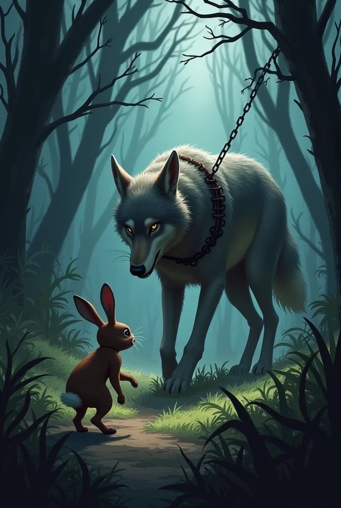The rabbit returned to see the wolf who had been caught in the hunter&#39;s trap.
