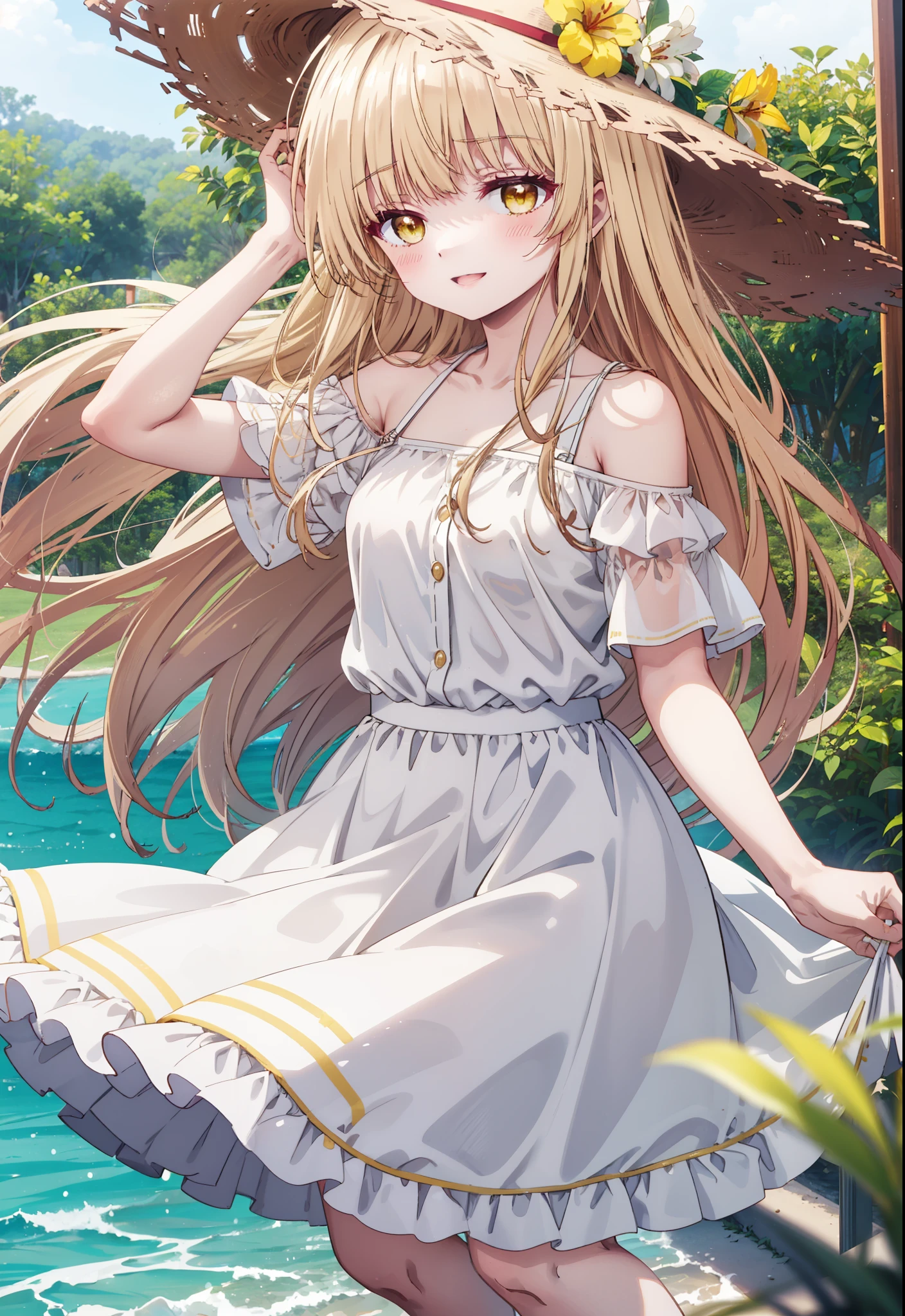 mahirushiina, mahiru shiina, Long Hair, bangs, Blonde, Brown Hair, (Yellow Eyes:1.3),happy smile, smile, Open your mouth,blush, Straw hat,smile,Cold Shoulder Shirt,Short sleeve,Long skirt,Cute heeled sandals,True Summer,Clear skies,Daytime,Palm tree,Hair is fluttering in the wind,whole bodyがイラストに入るように,
break outdoors, tropical,In town,Coastal Road,
break looking at viewer, whole body,
break (masterpiece:1.2), Highest quality, High resolution, unity 8k wallpaper, (figure:0.8), (Beautiful attention to detail:1.6), Highly detailed face, Perfect lighting, Highly detailed CG, (Perfect hands, Perfect Anatomy),