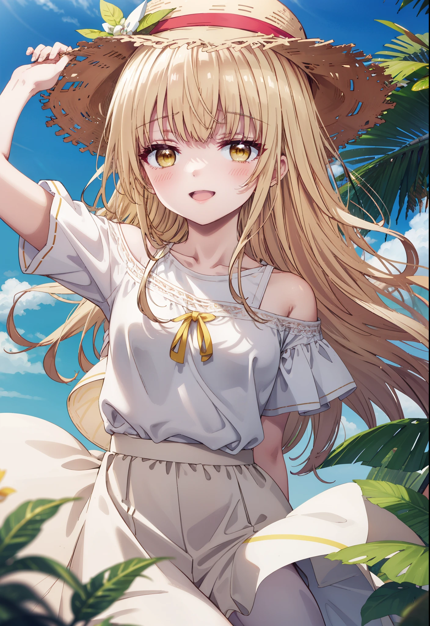 mahirushiina, mahiru shiina, Long Hair, bangs, Blonde, Brown Hair, (Yellow Eyes:1.3),happy smile, smile, Open your mouth,blush, Straw hat,smile,Cold Shoulder Shirt,Short sleeve,Long skirt,Cute heeled sandals,True Summer,Clear skies,Daytime,Palm tree,Hair is fluttering in the wind,whole bodyがイラストに入るように,
break outdoors, tropical,In town,Coastal Road,
break looking at viewer, whole body,
break (masterpiece:1.2), Highest quality, High resolution, unity 8k wallpaper, (figure:0.8), (Beautiful attention to detail:1.6), Highly detailed face, Perfect lighting, Highly detailed CG, (Perfect hands, Perfect Anatomy),