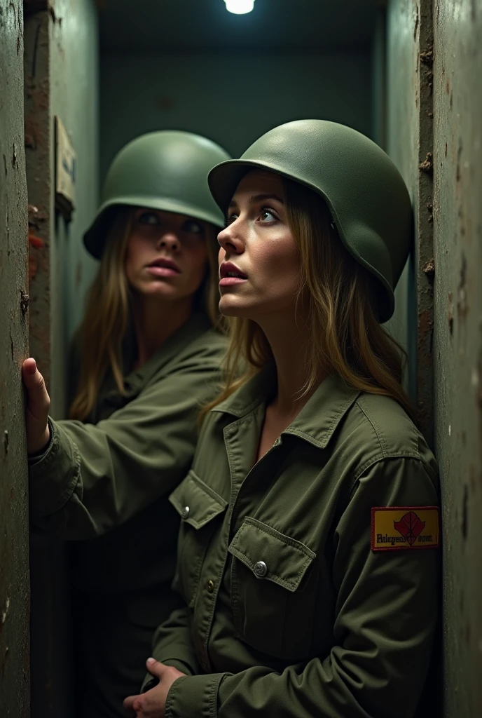 3 scared  female American soldiers in a bunker . Cleavage 