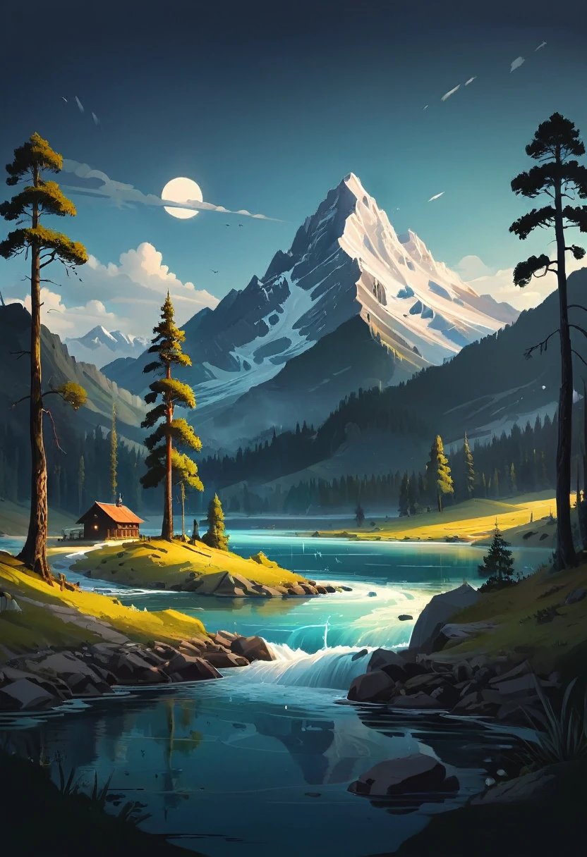 impressive painting of a mountain with trees and water, a detailed painting by Petros Afshar, shutterstock contest winner, environmental art, detailed painting, outlined art, 2d game art, isolated background for logo, strong contours, logo design
