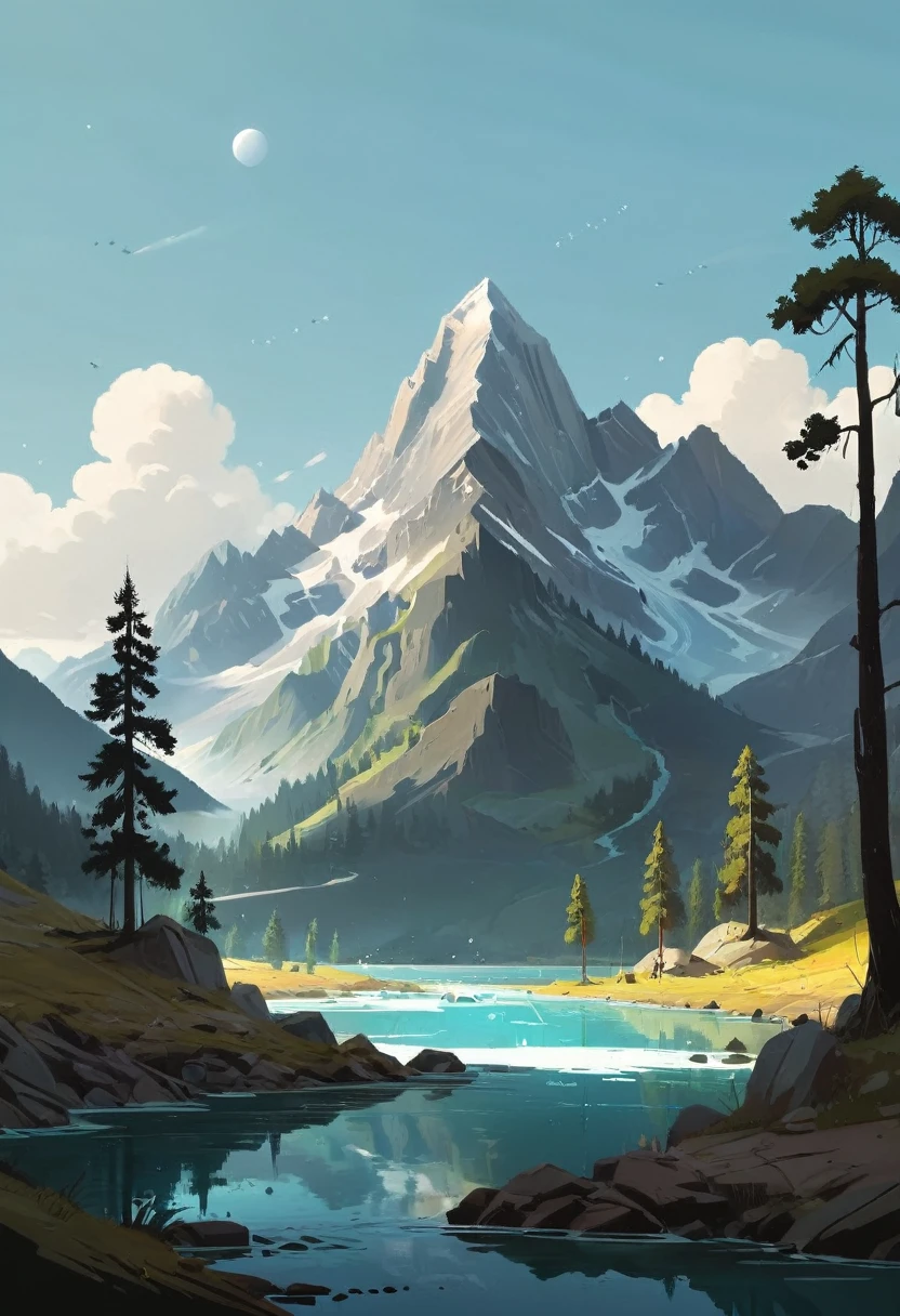 impressive painting of a mountain with trees and water, a detailed painting by Petros Afshar, shutterstock contest winner, environmental art, detailed painting, outlined art, 2d game art, isolated background for logo, strong contours, logo design
