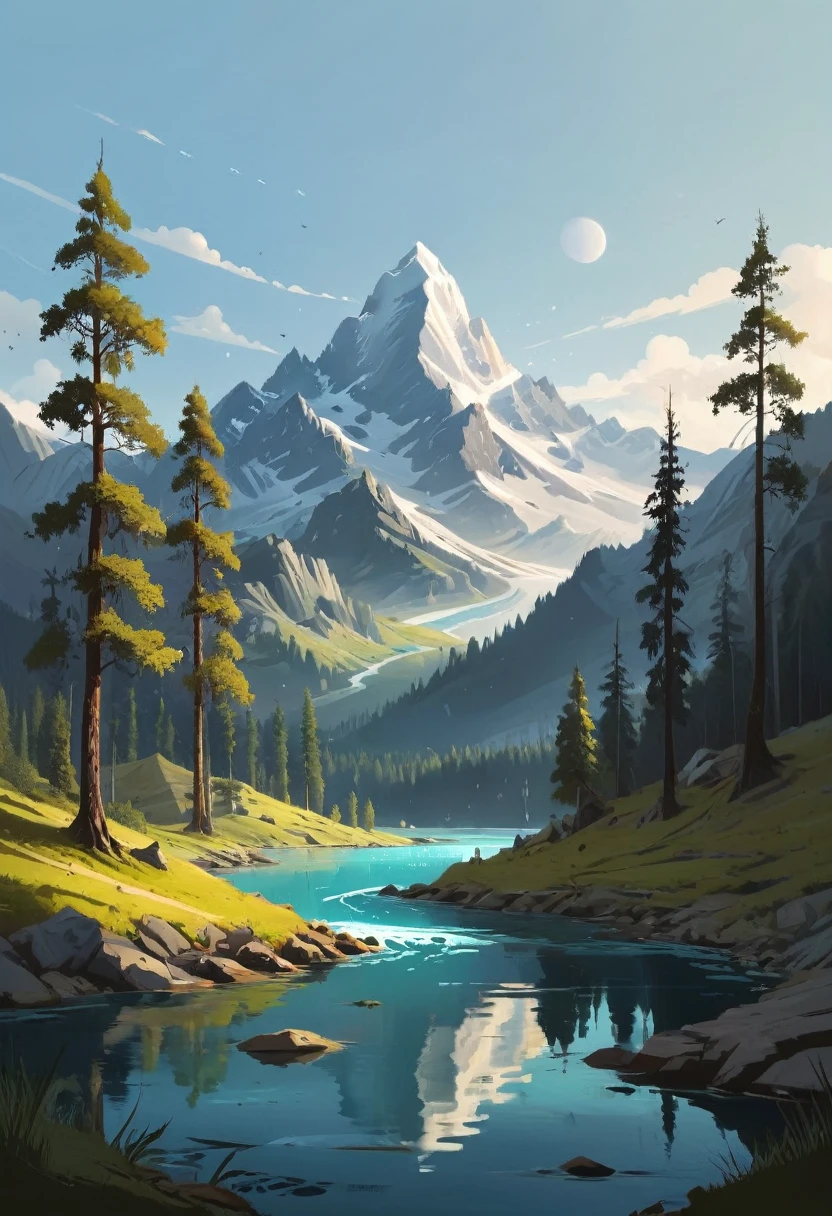 impressive painting of a mountain with trees and water, a detailed painting by Petros Afshar, shutterstock contest winner, environmental art, detailed painting, outlined art, 2d game art, isolated background for logo, strong contours, logo design
