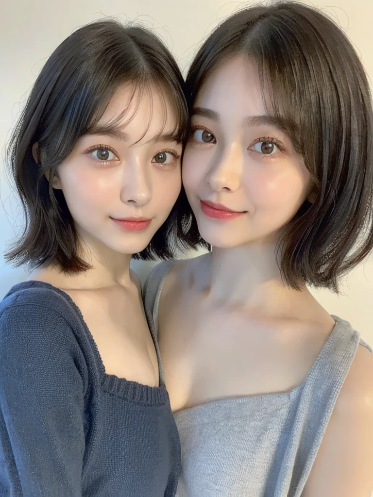 (masterpiece:1.3), (8k, Photoreal, Raw photo, best image quality: 1.4), Japanese high school girl、(random hairstyle:1.2)、cleavage:1.5、super detail face、eye for details、double eyelid、chest to chest、sharp focus:1.2、Beautiful woman:1.4、light brown hair、highest quality、masterpiece、超A high resolution、(Photoreal:1.4)、Highly detailed and professionally lit smiles、loose and light knitwear、shoulder out、thin、serious expression、short haired、deadly position
similar identical twins
All the girls have the exact same face, The two have the same face and figure, as if they were mirror images.