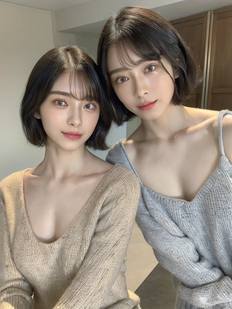 (masterpiece:1.3), (8k, Photoreal, Raw photo, best image quality: 1.4), Japanese high school girl、(random hairstyle:1.2)、cleavage:1.5、super detail face、eye for details、double eyelid、chest to chest、sharp focus:1.2、Beautiful woman:1.4、light brown hair、highest quality、masterpiece、超A high resolution、(Photoreal:1.4)、Highly detailed and professionally lit smiles、loose and light knitwear、shoulder out、thin、serious expression、short haired、deadly position
similar identical twins
All the girls have the exact same face, The two have the same face and figure, as if they were mirror images.