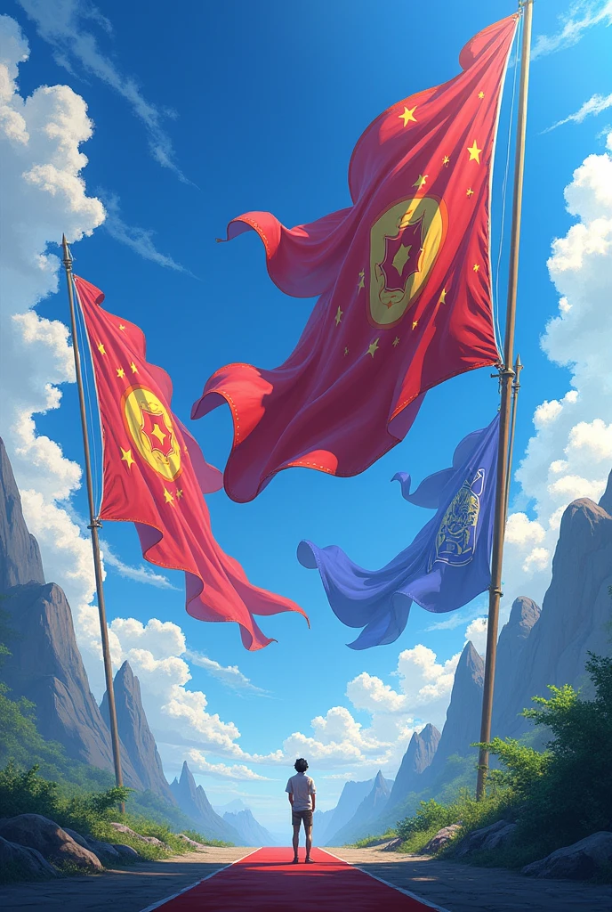 4 banner flags raising anime