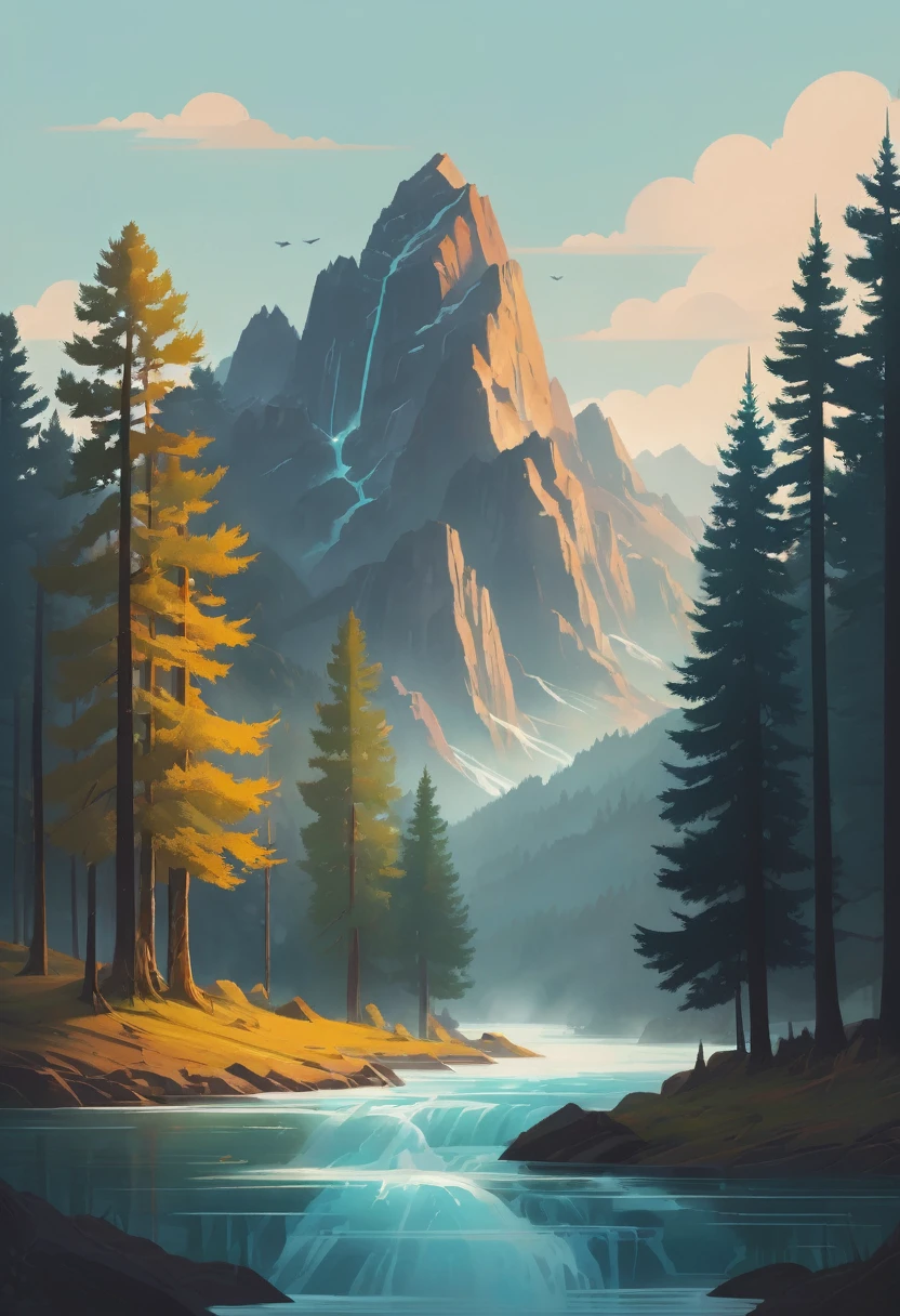 impressive painting of a mountain with trees and water, a detailed painting by Petros Afshar, shutterstock contest winner, environmental art, detailed painting, outlined art, 2d game art, isolated background for logo, strong contours, logo design

