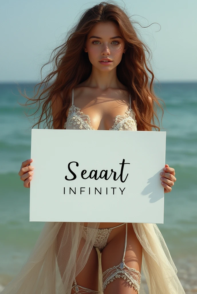 Beautiful girl with wavy long hair, bohemian dress, holding a white board with text "I Love Seaart Infinity" and showing it to the viewer, in sexy stockings 