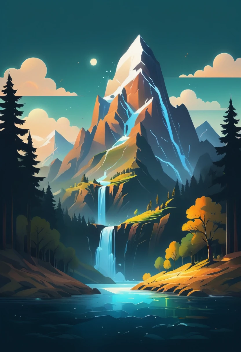 impressive painting of a mountain with trees and water, a detailed painting by Petros Afshar, shutterstock contest winner, environmental art, detailed painting, outlined art, 2d game art, isolated background for logo, strong contours, logo design
