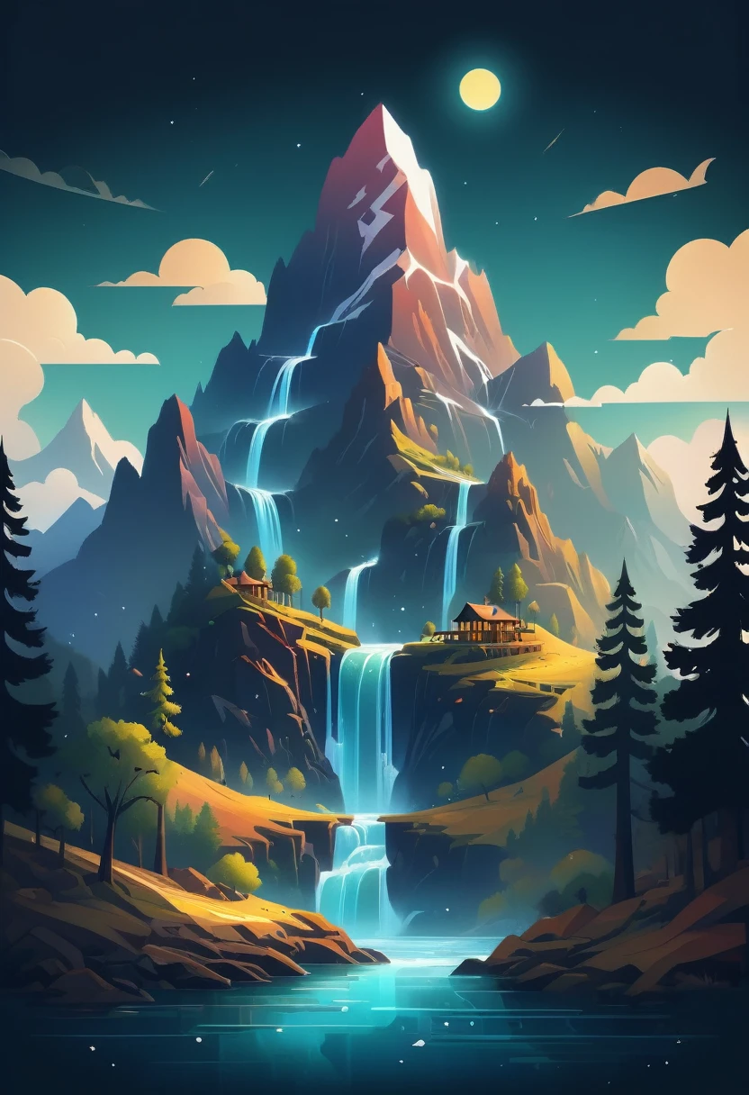 impressive painting of a mountain with trees and water, a detailed painting by Petros Afshar, shutterstock contest winner, environmental art, detailed painting, outlined art, 2d game art, isolated background for logo, strong contours, logo design