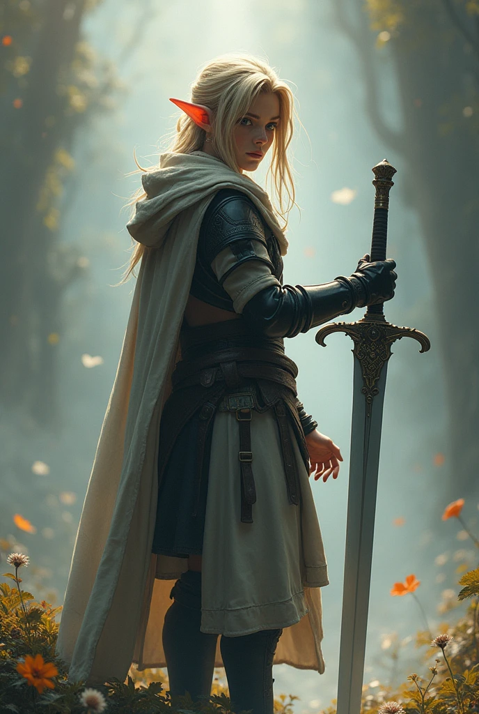 Final Fantasy game theme. Image of a 21 year old elf with tanned hair standing holding her favorite sword., He wore light black and white armor.., pastel colours, and dramatic tones. A masterpiece with the highest resolution. , Surrealist image type
