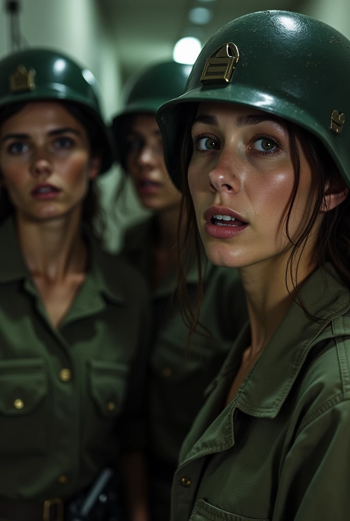 3 scared female American soldiers in a bunker . Cleavage