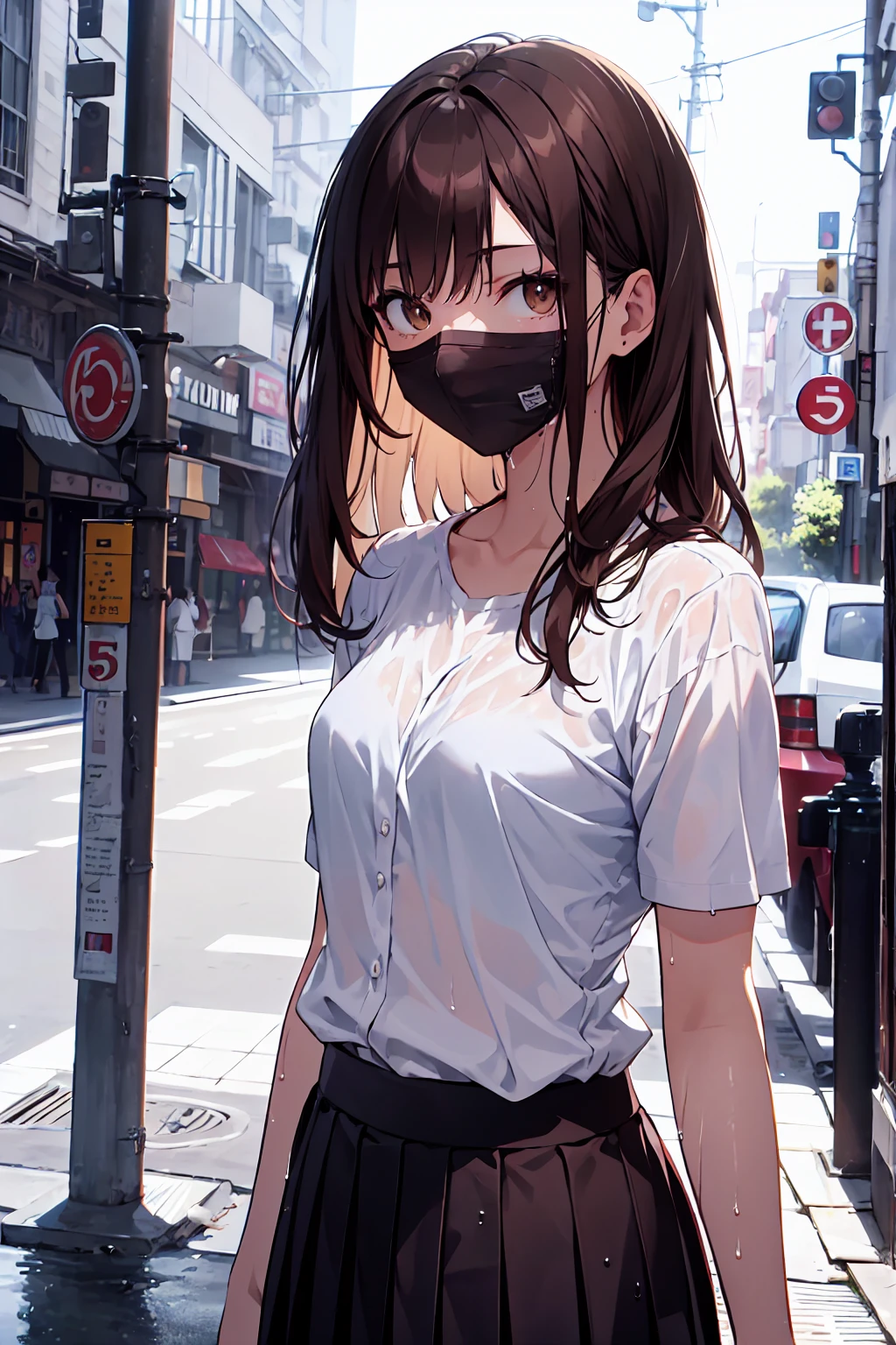 21歳の女性のphotograph, Perfect body, Short pleated skirt, Tight white blouse, Brown eyes,street, Brown Hair, dramatic, Complex background, Movieような, Movie, Canon 5D, photograph, Film Stock, Wet, it&#39;s raining,Small breasts，Flat chest,((Highest quality)), (Very detailed), (High-definition CG synthesis 8k wallpaper), 高いly detailed,  高い-definition raw colbor photos, プロのphotograph撮影,  Written boundary depth,Model pose,Neat